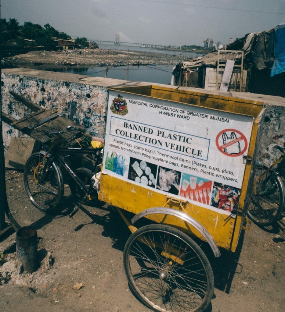 A yellow box on a cycle for collecting plastic items banned