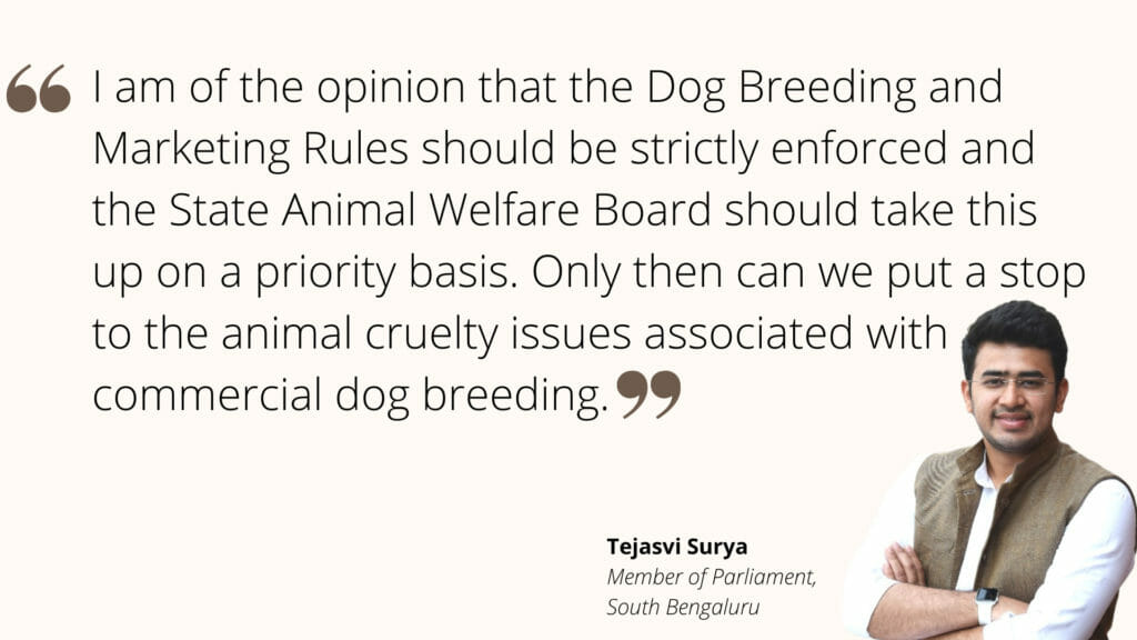 Graphic showing MP Tejasvi's Surya's quote on breeding regulations in Karnataka