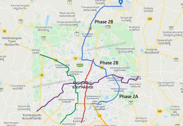 Phase 2 aka Blue Line connects Central Silk Board to the airport via KR Puram. This is the map showing the BMRCL route.