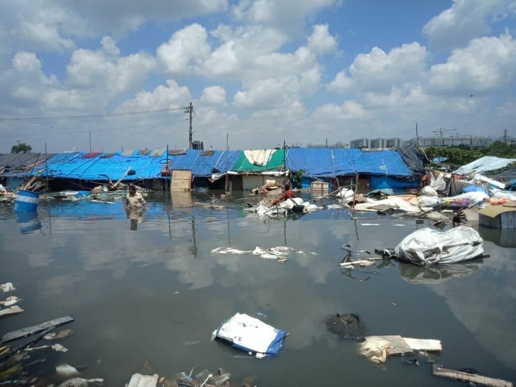 slum flooded in Bellandur