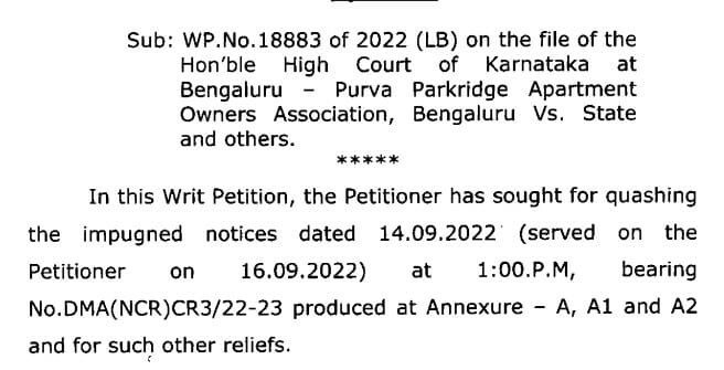 Write petition submitted by Purva Parkridge apartment association against BBMP's demolitions