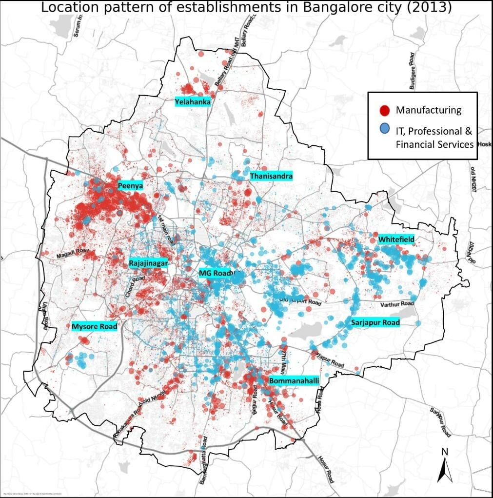 Image: Location of manufacturing and knowledge-intensive services (IT, professional & financial Services) in Bengaluru.