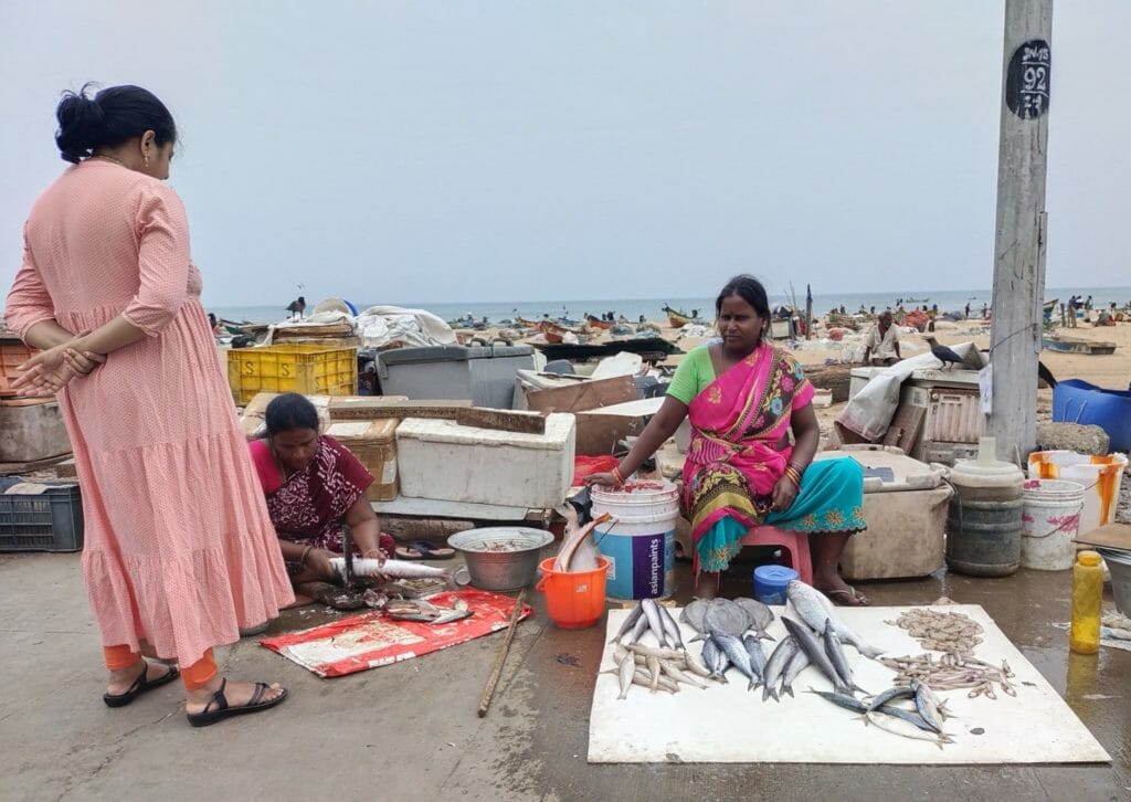Women in Nochikuppam selling fish on the Loop Road in Chennai