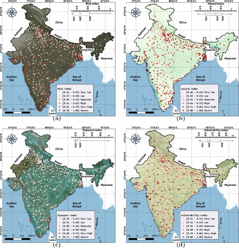 Maps of India showing the graded risk of pollution from landfills in cities analysed in the study on different parameters