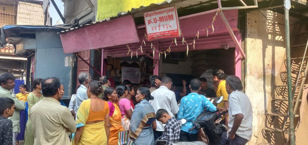 People standing in queue outside a ration shop in Mankhurd under M-east ward.