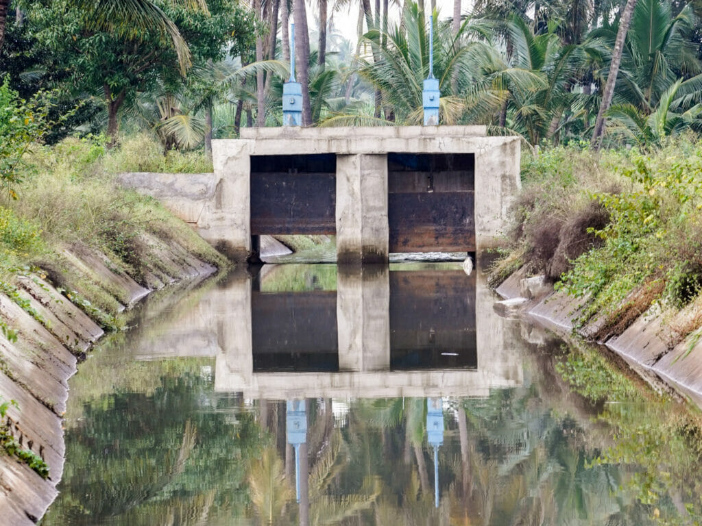 Sluice gates in irrigation canal, close-up view, Paschimavahini, Kaveri, Srirangapatna, Karnataka, India