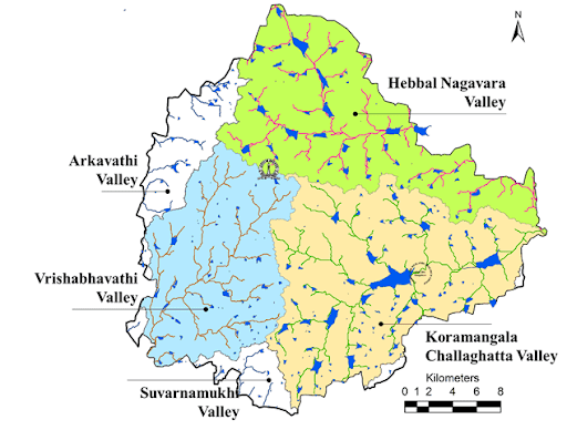Map of wetlands and valleys of Bengaluru