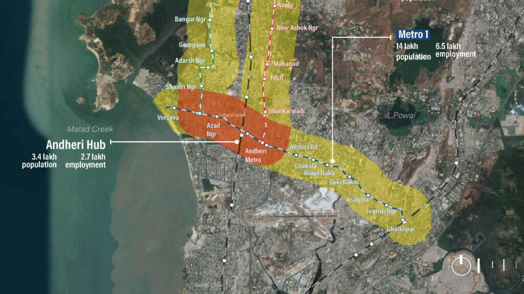 Map of Mumbai with population and employment buffers around Metro 1 overlaid