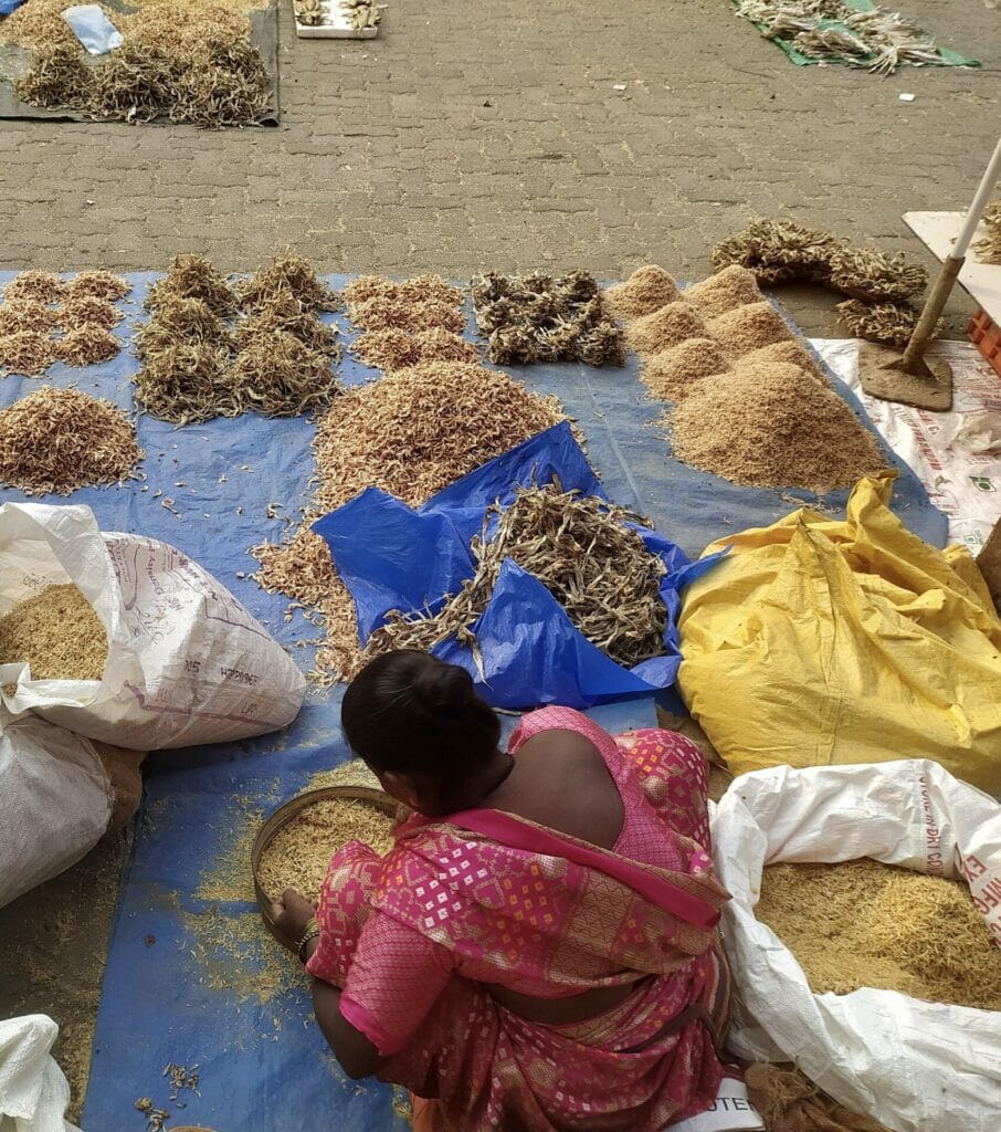 Fisherwoman  sorts through stock of dried fish