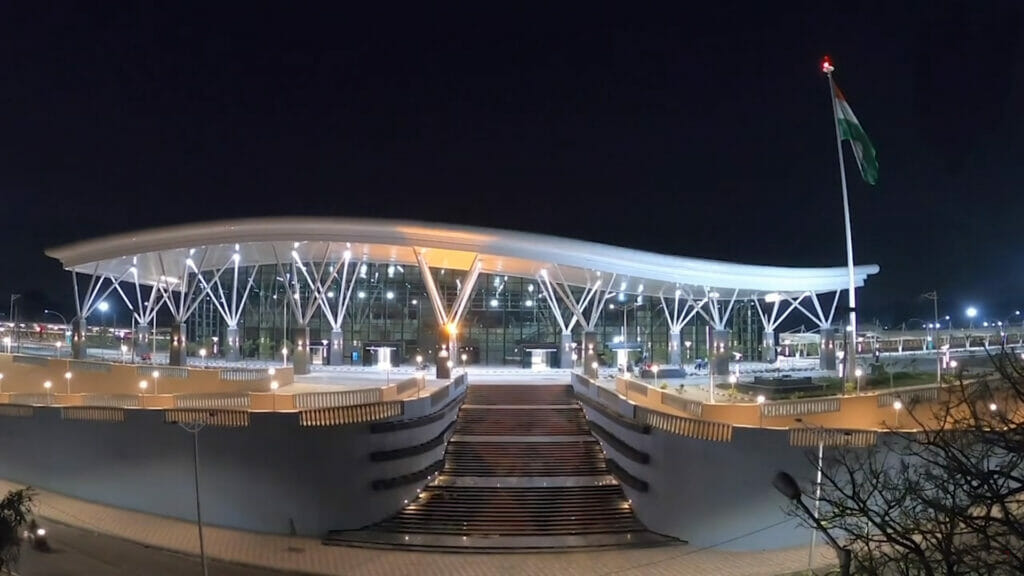 The Sir M. Visvesvaraya Terminal lit up at night