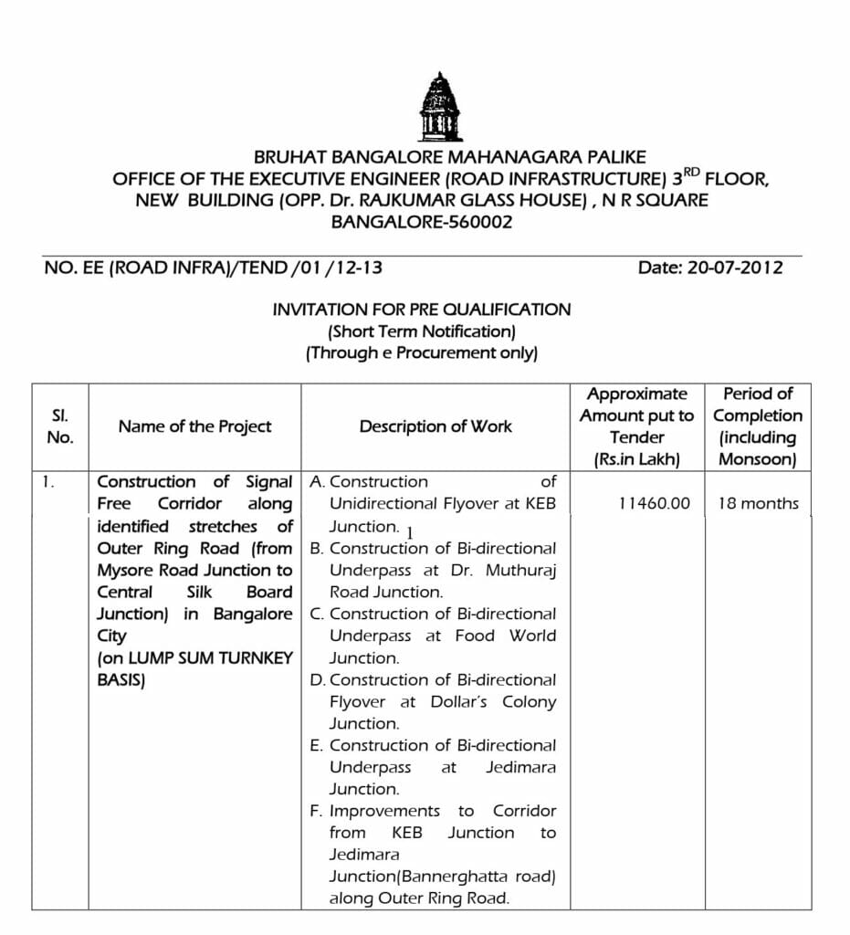 tender document of the signal-free corridor on Outer Ring Road under the Nagarothana Scheme. 
