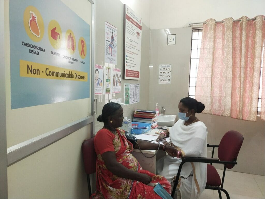 A patient getting tested for non communicable diseases in the urban primary health centre at Valasaravakkam.