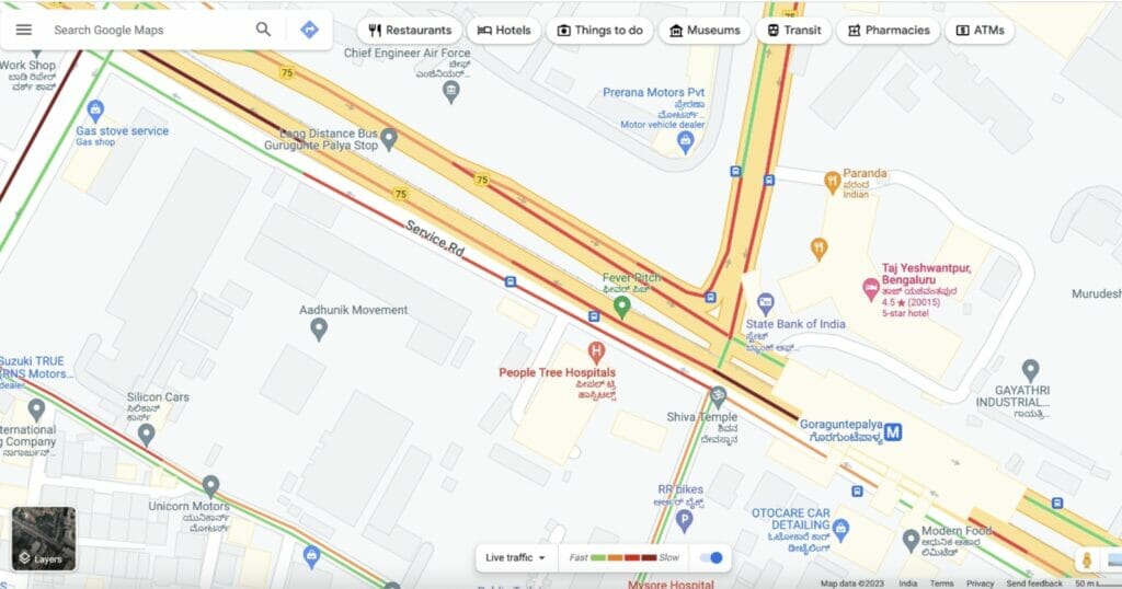 Congested traffic at the Goraguntepalya signal on Google maps. 