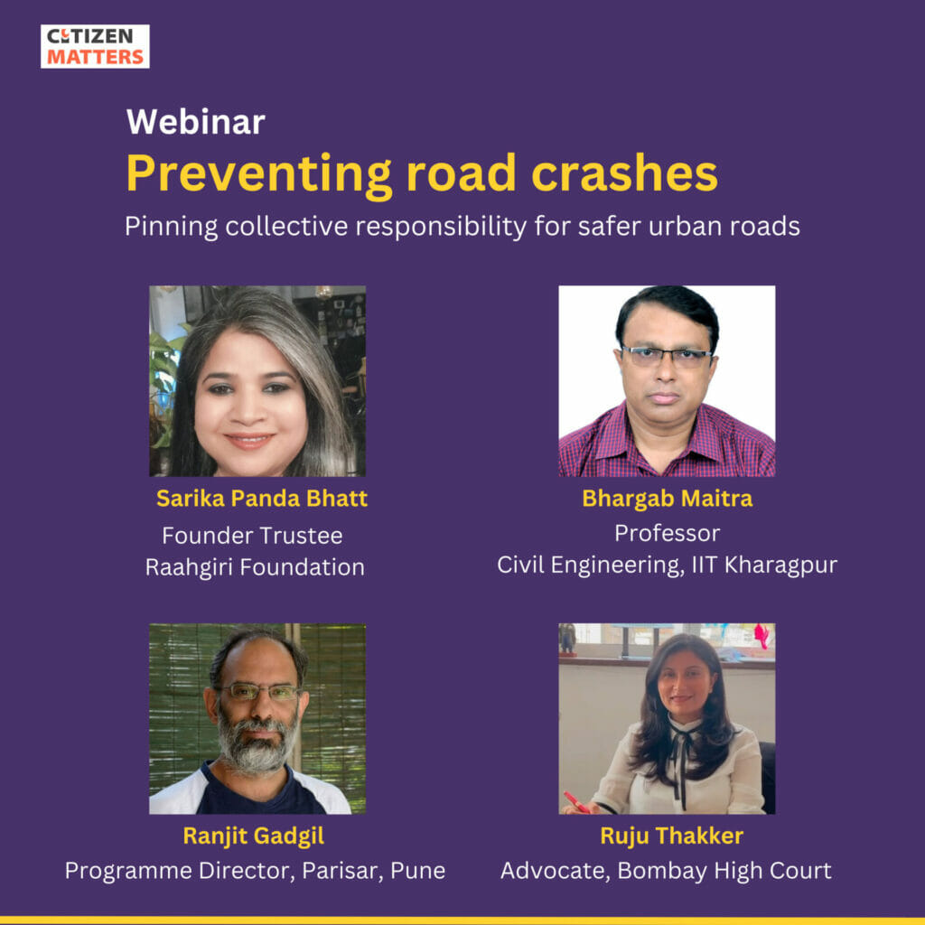Poster showing details of speakers at webinar on preventing road crashes.