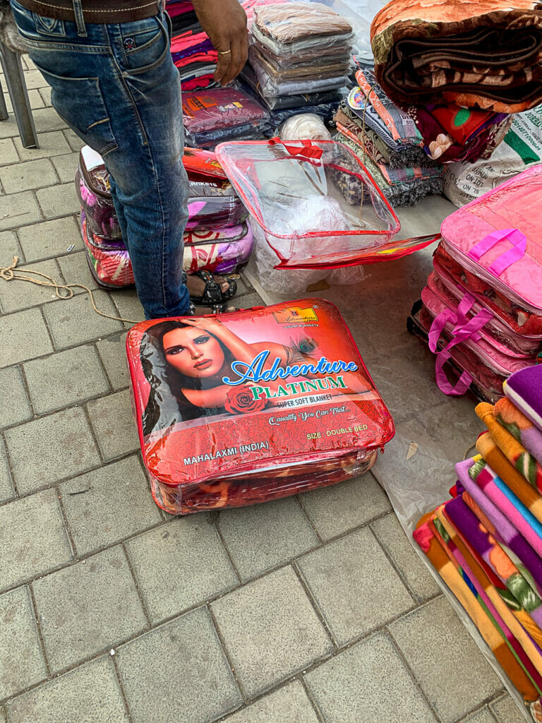 Blankets being sold on a footpath in Mumbai