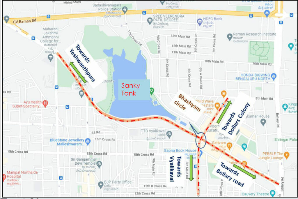 Traffic congested areas along Sankey Road to Bellary road, as shown in a map. 