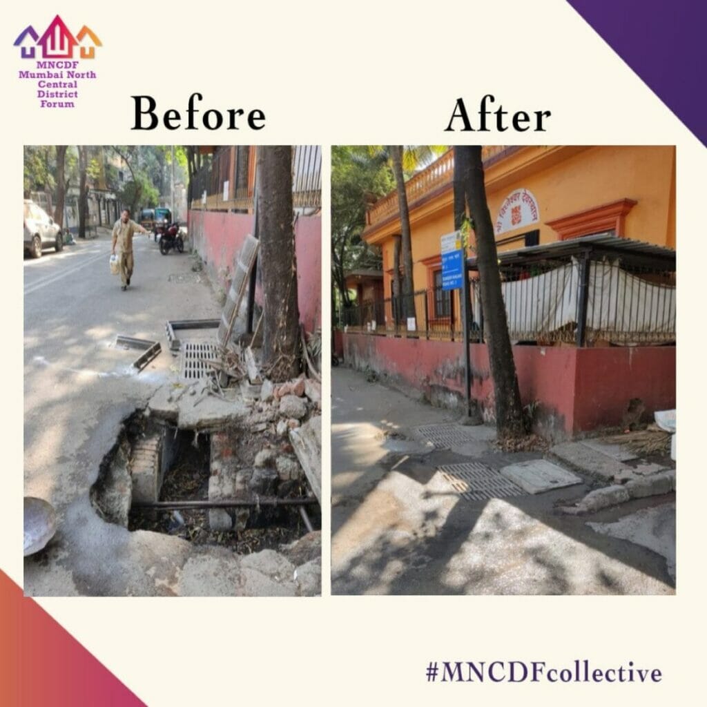 Before and after of a open manhole being fixed by the MNCDF team's complaint