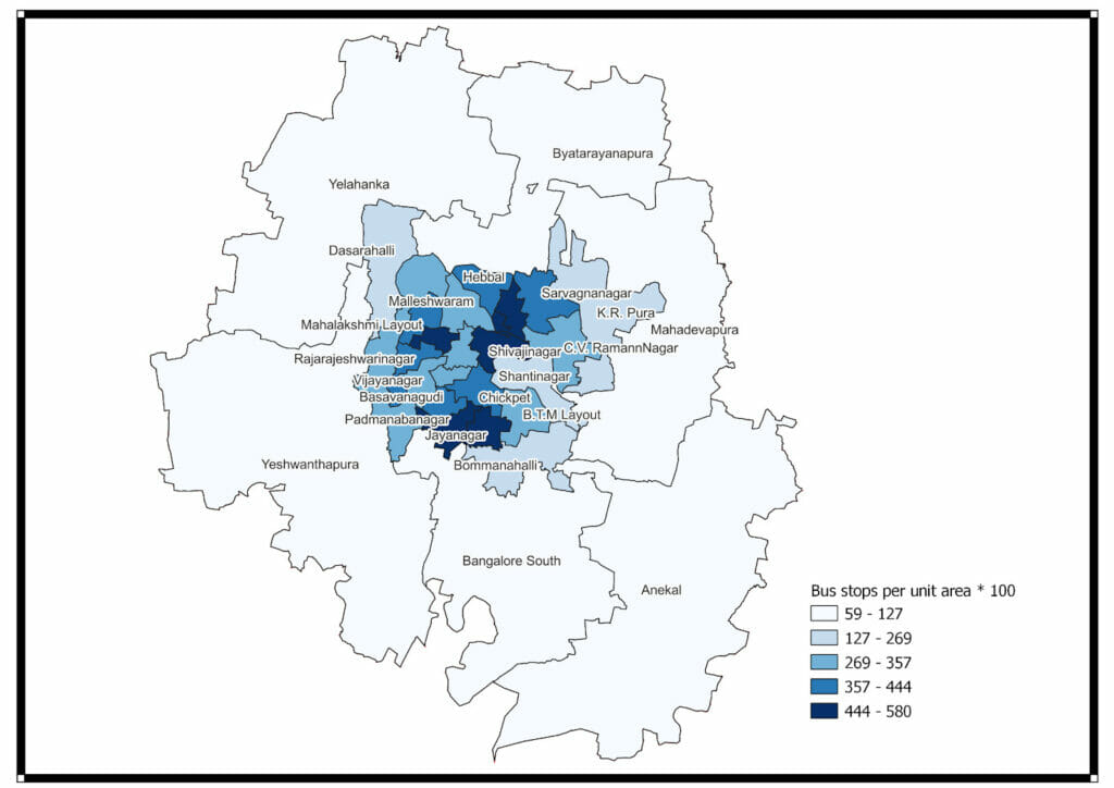 Map of density of bus stops by Bengaluru Assembly constituencies