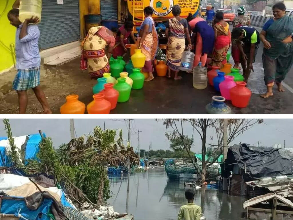 Photo 1. People lining up for tanker water supply 
Photo 2. Flooding