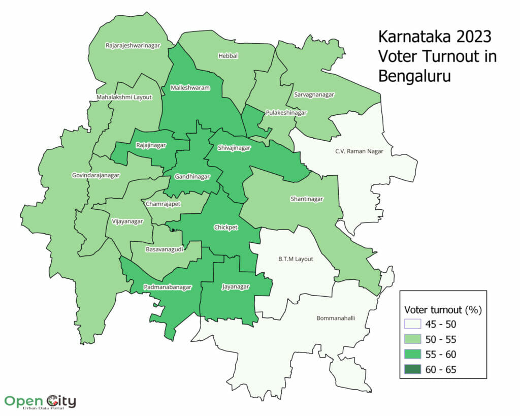 Map of Bengaluru’s core constituencies' voter turnout 2023.