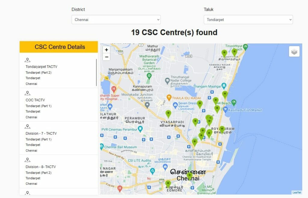 map of e-Sevai centres in Chennai