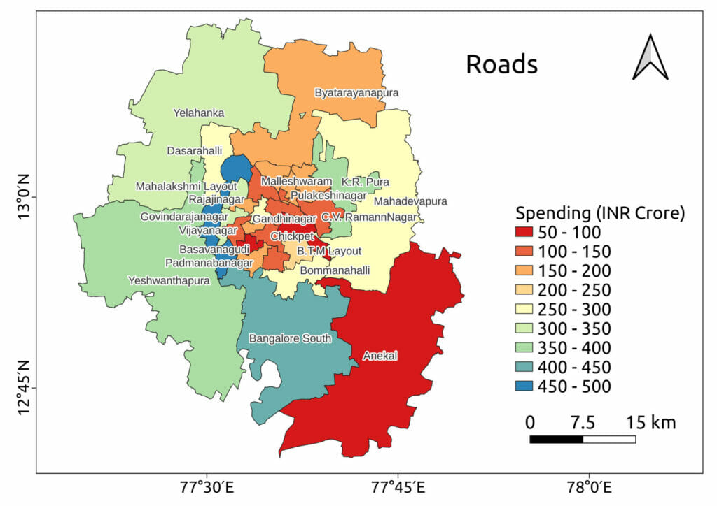 Map of spending on roads for the 28 assembly constituencies