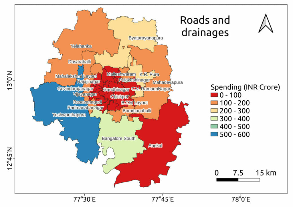 Map of spending on roads and drainages for the 28 assembly constituencies