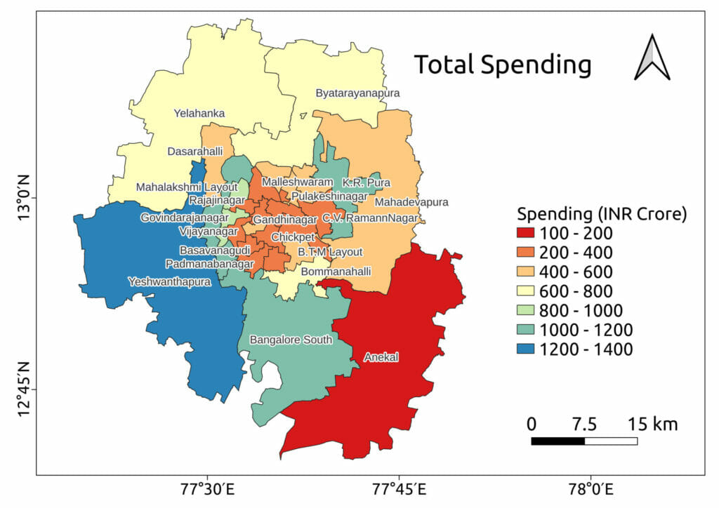 Map showing the total spending in crores assembly constituency wise