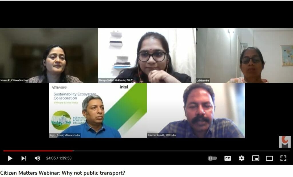 A screenshot of the panellists of the Citizen Matters, Bengaluru, event: Why not public transport? 
