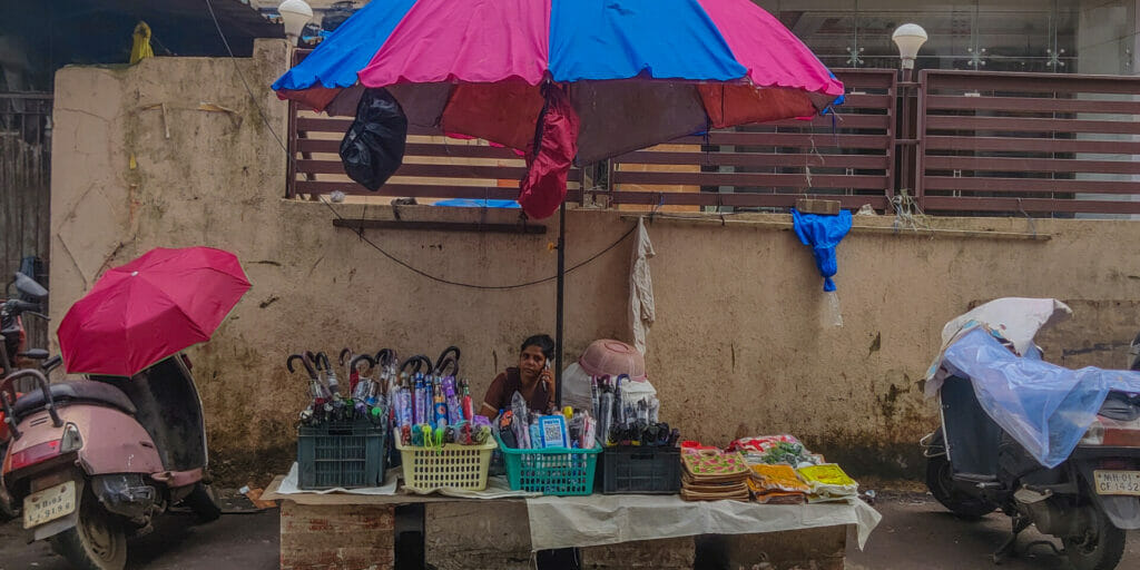 A stall in Lower Parel selling umbrellas and rain covers.