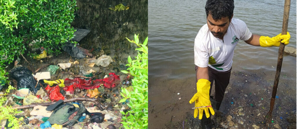 Two pictures showing non-biodegradable waste and Dharmesh showing a syringe recovered from the garbage at mangroves 