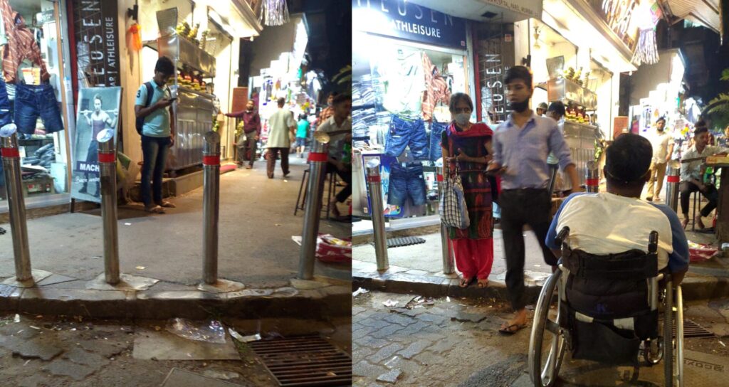 Rahul Ramugade is not able to go on the footpath in Parel due to the obstructing polls and lack of a ramp.