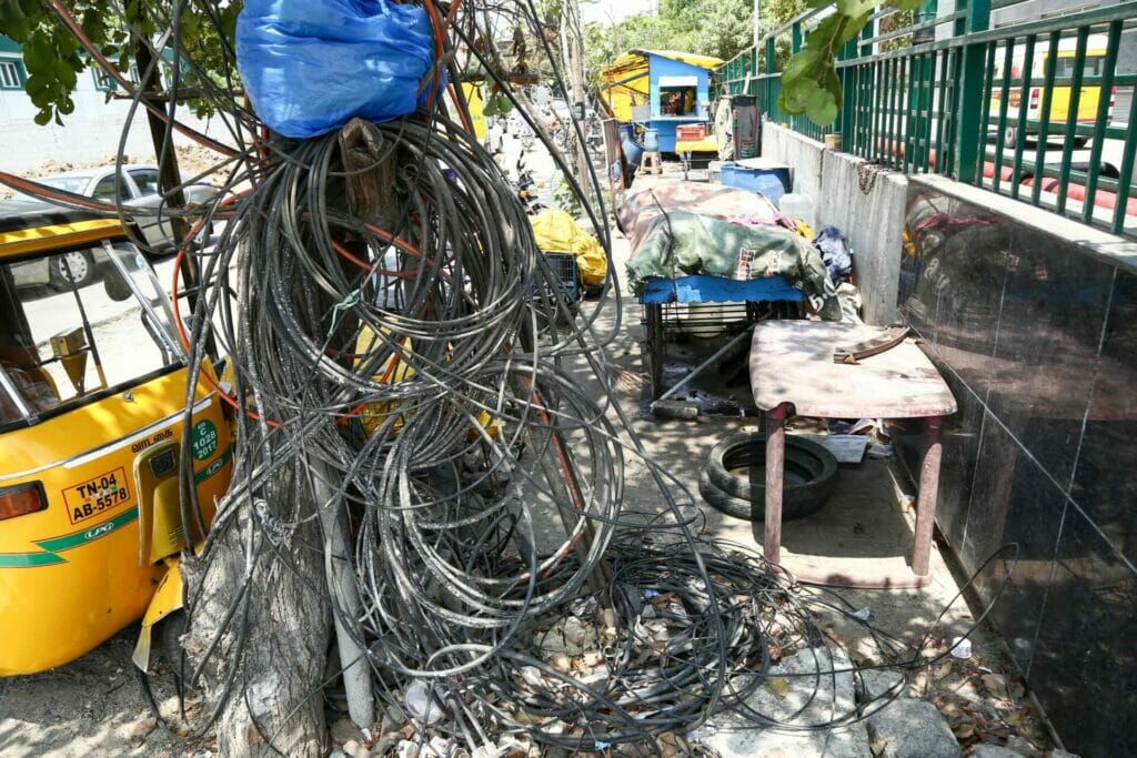 Entangled electricity board wires and cable wires occupy the roads of Ekaduthangal in Chennai. Used as a representational image.
