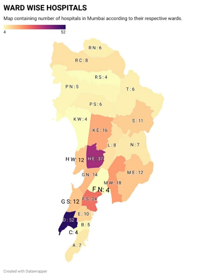 Map displaying the number of hospitals in the 24 wards of Mumbai. 