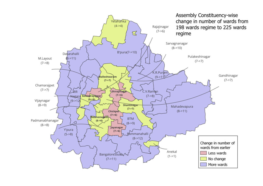Map showing change in the number of wards in all Bengaluru's 28 Assembly constituencies. 