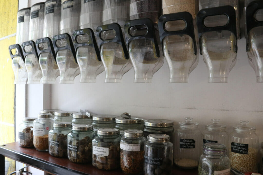 groceries in glass bottles at zero-waste store