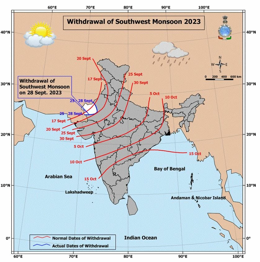 Map showing the ‘normal’ (expected) date and ‘actual’ date of monsoon withdrawal so far over the country.