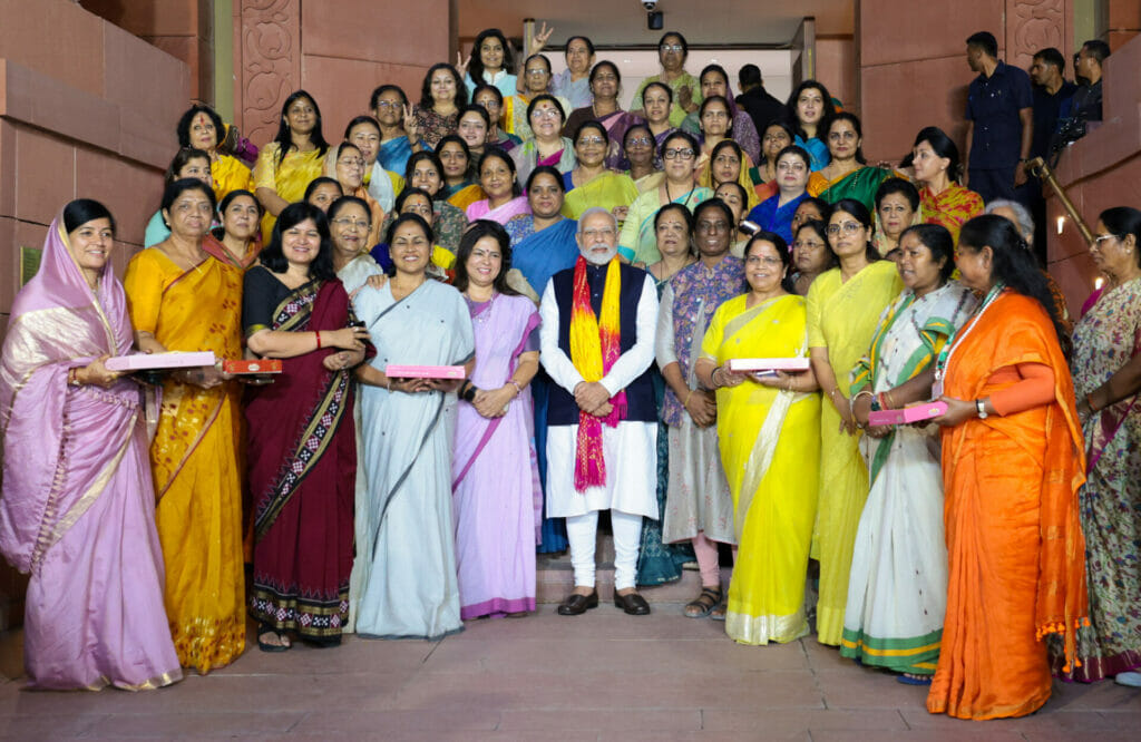 Prime Minister Narendra Modi with women MPs in Parliament