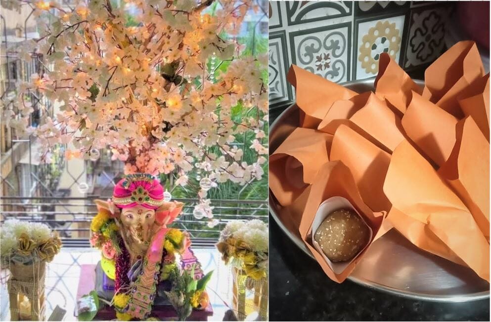 Eco-friendly Ganpati idol, decoration and packaging of prasad at the Parekh residence in Kandivali 