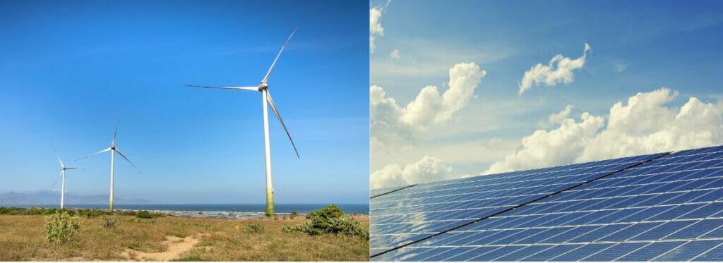 Images of solar panels and wind mills