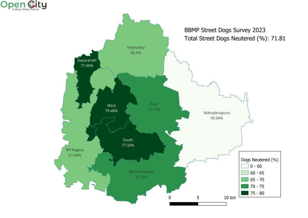 Map of percentage of dogs neutered in BBMP zones in 2023.