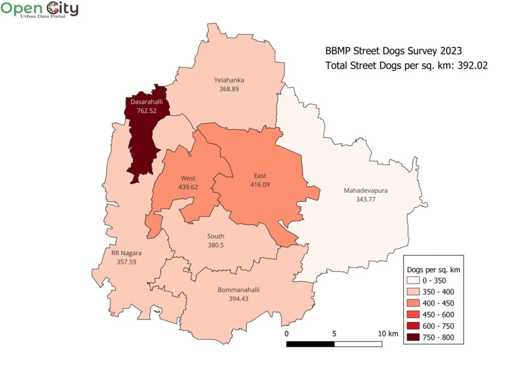 Map of number of street dogs per sq. km in BBMP zones in 2023.
