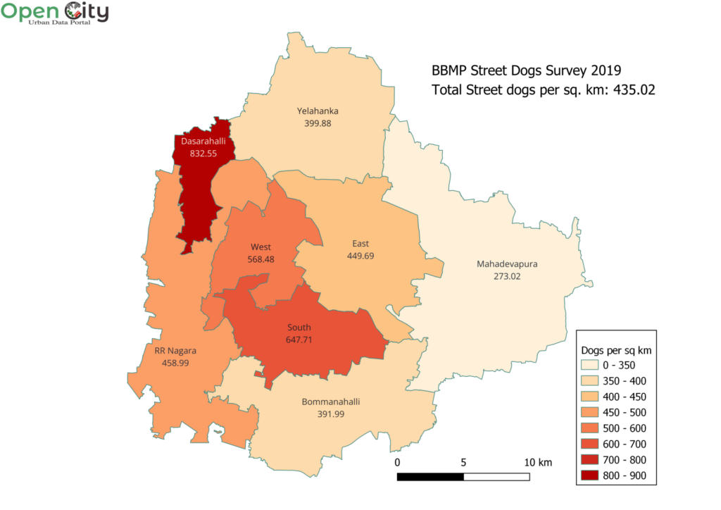 Map of number of street dogs per sq. km in BBMP zones in 2019. 