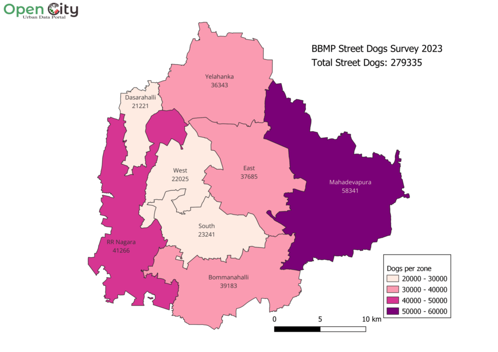 Map of number of street dogs in BBMP zones in 2023.