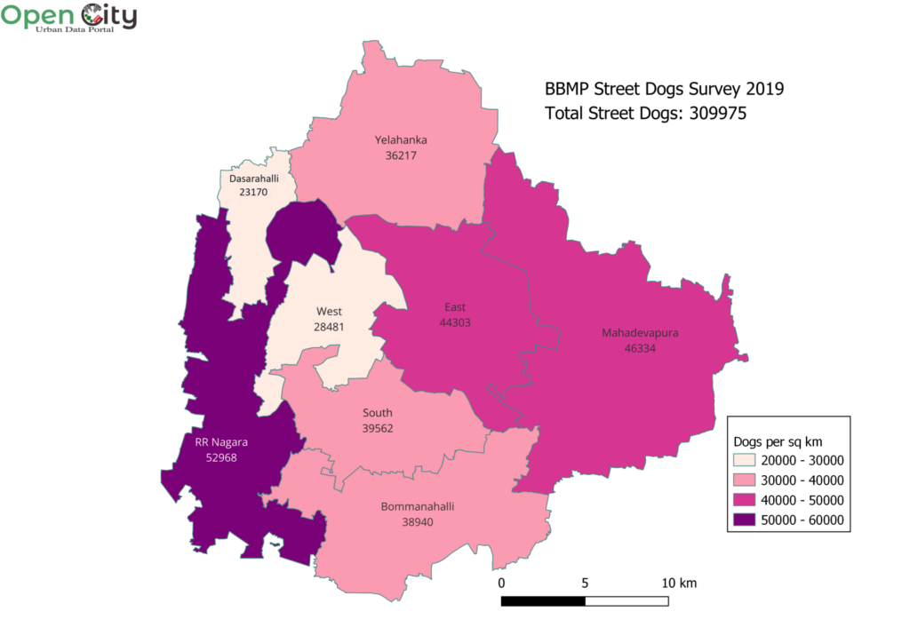 Map of number of street dogs in BBMP zones in 2019