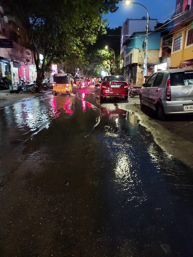 Waterlogging on roads in Perambur
