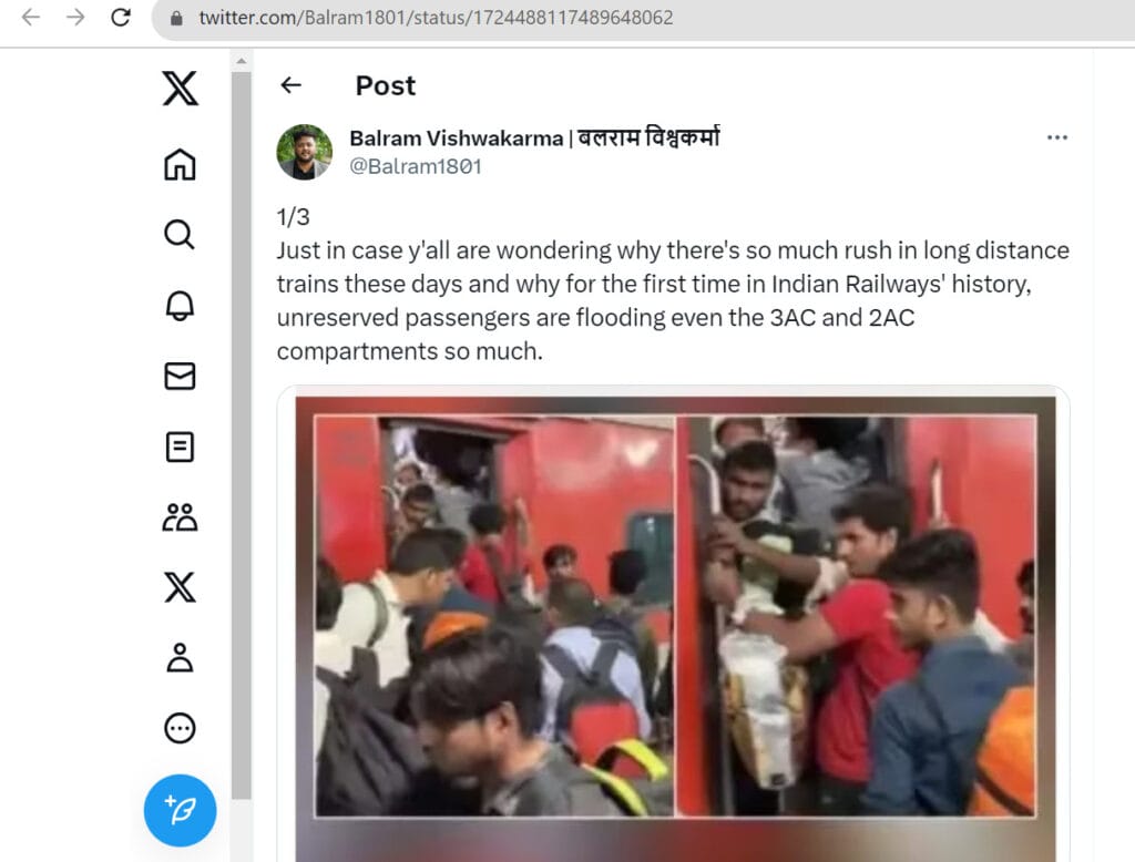 Screenshot of a tweet by citizen activist Balram Vishwakarma who has compiled indicative evidence of a reduction in sleeper coaches in long distance trains