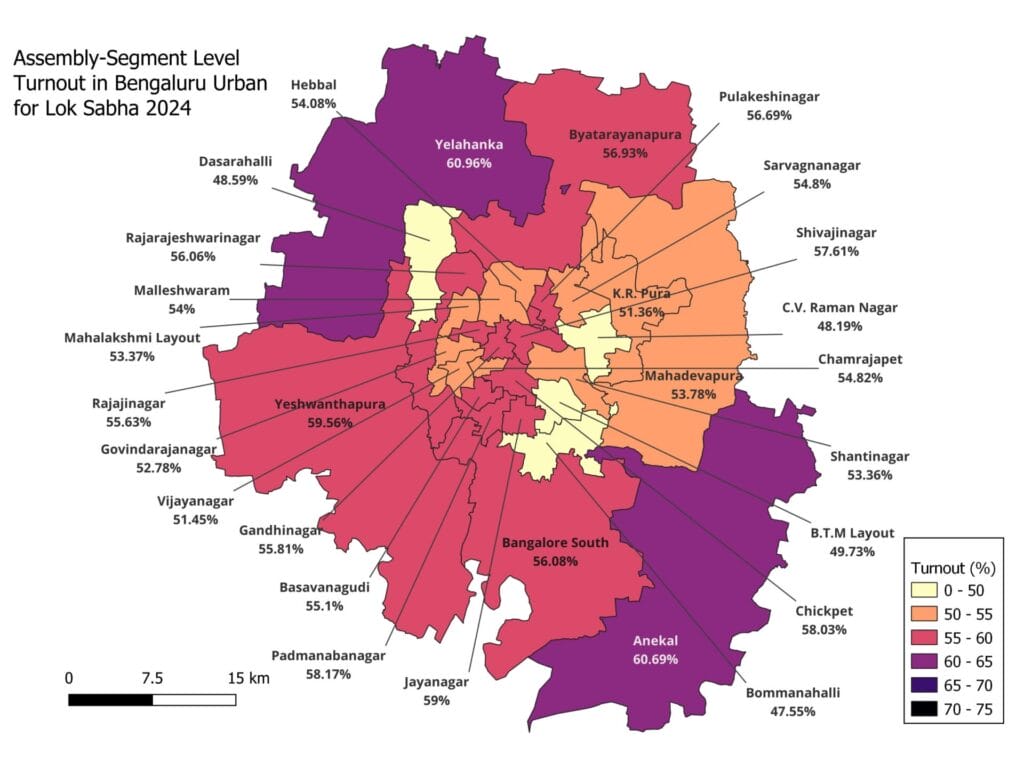 Map of assembly-segment level turnout in Bengaluru urban for Lok Sabha 2024