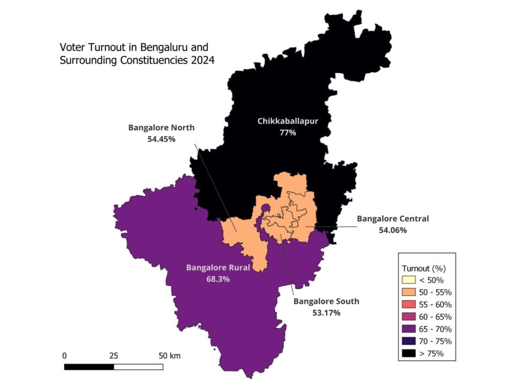 map of voter turnout in Bengaluru and surrounding constituencies 2024 